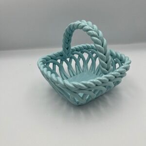 Grace Pantry Blue Ceramic Hand Woven Basket Candy Dish Trinket Bowl‎